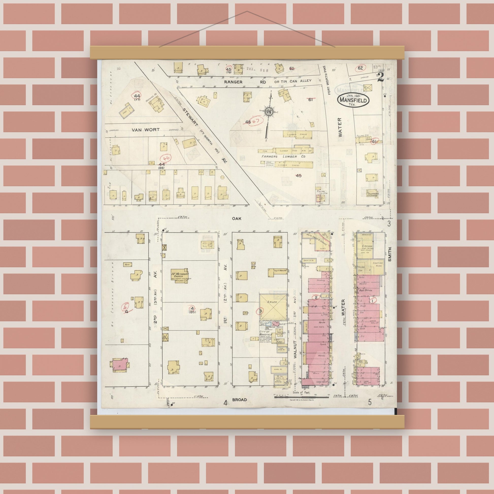 Old map wall art mockup — magnetic wood frame on brick wall — Sanborn Fire Insurance Map from Mansfield, Tarrant County, Texas (1933), Sheet #0002