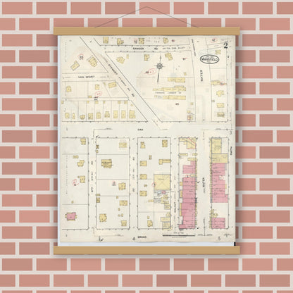Old map wall art mockup — magnetic wood frame on brick wall — Sanborn Fire Insurance Map from Mansfield, Tarrant County, Texas (1933), Sheet #0002