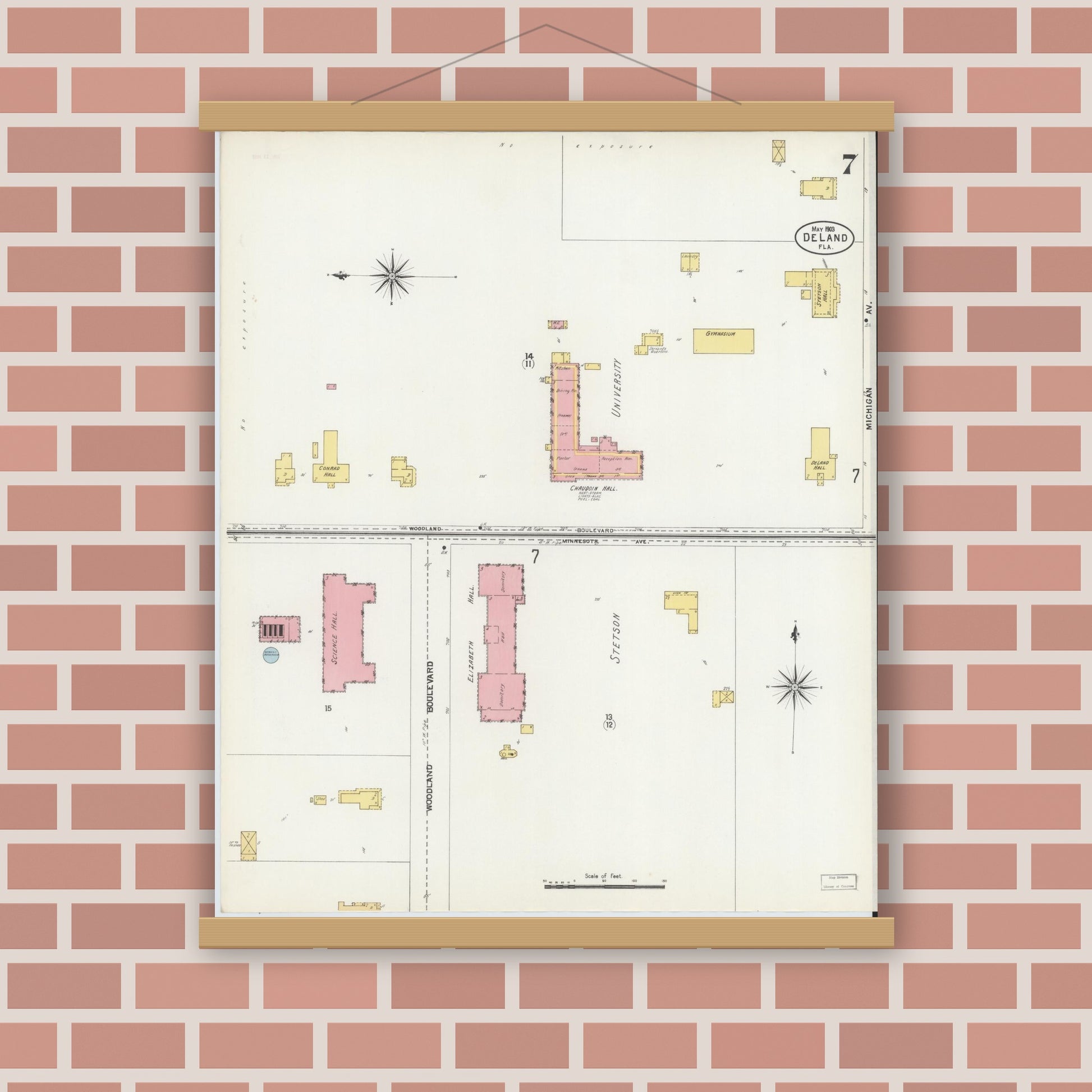 Old map wall art mockup — magnetic wood frame on brick wall — Sanborn Fire Insurance Map from De Land, Volusia County, Florida (1903), Sheet #0007