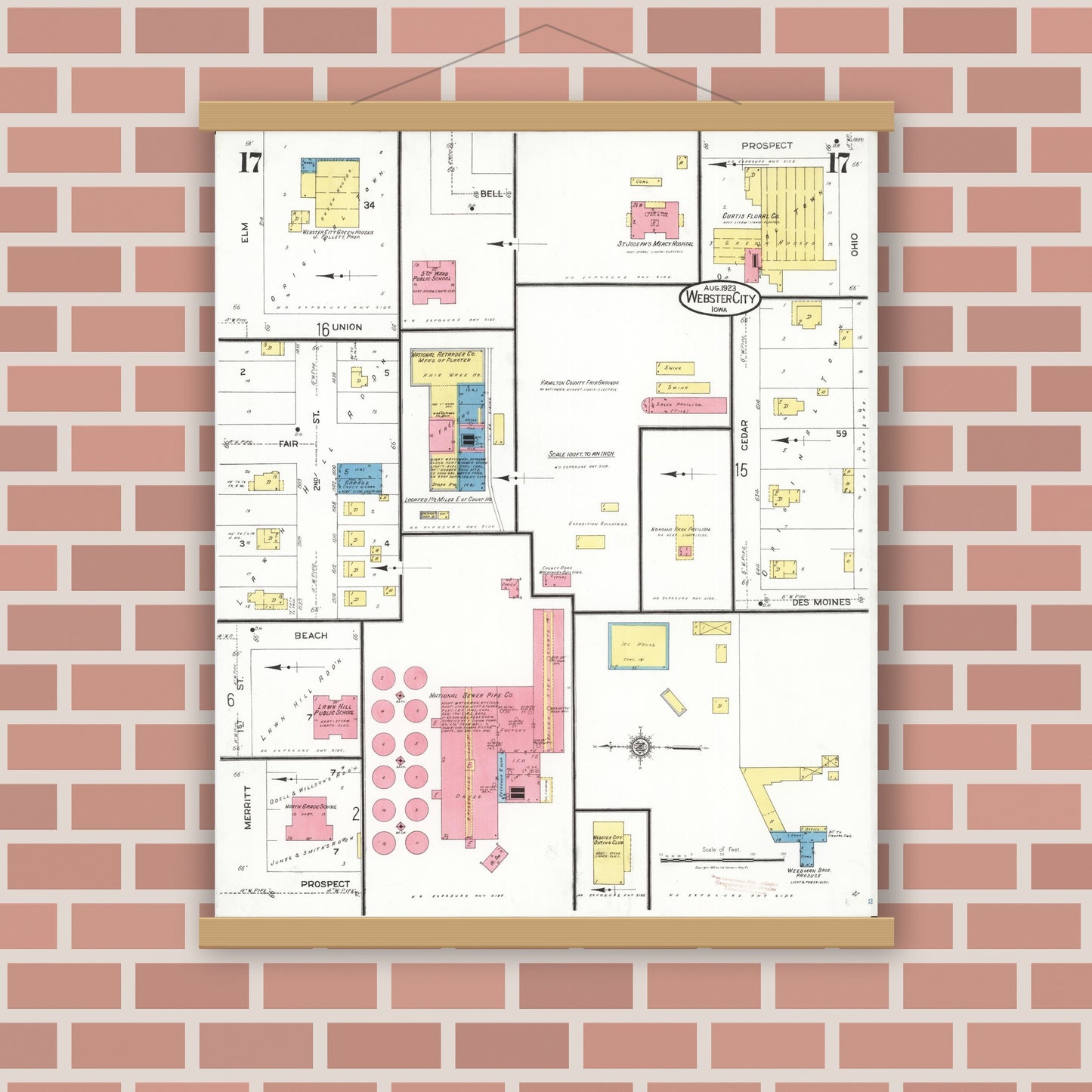 Old map wall art mockup — magnetic wood frame on brick wall — Sanborn Fire Insurance Map from Webster City, Hamilton County, Iowa (1923), Sheet #0017
