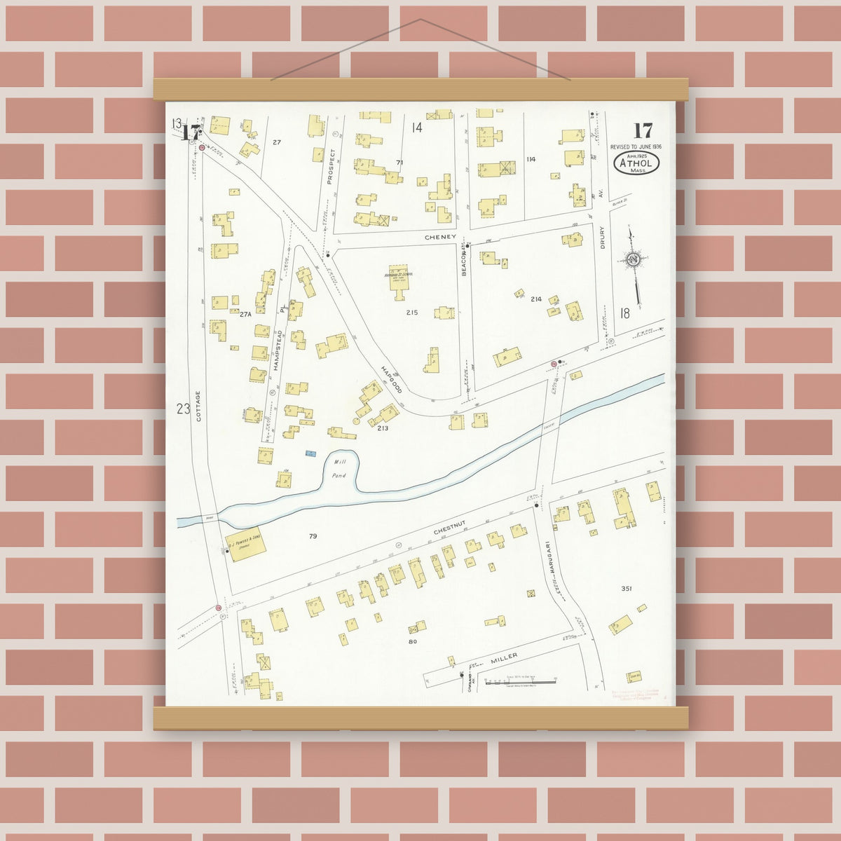 Old map wall art mockup — magnetic wood frame on brick wall — Sanborn Fire Insurance Map from Athol, Worcester County, Massachusetts (1936), Sheet #0017