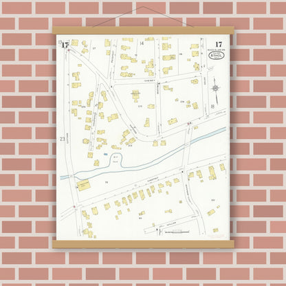Old map wall art mockup — magnetic wood frame on brick wall — Sanborn Fire Insurance Map from Athol, Worcester County, Massachusetts (1936), Sheet #0017