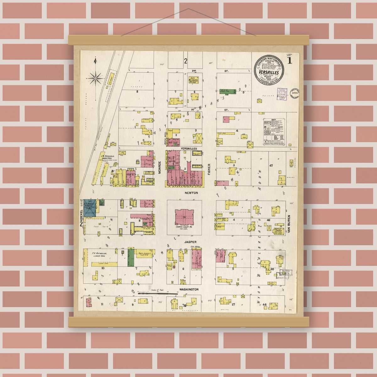 Old map wall art mockup — magnetic wood frame on brick wall — Sanborn Fire Insurance Map from Versailles, Morgan County, Missouri (1902), Sheet #0001