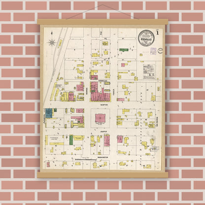 Old map wall art mockup — magnetic wood frame on brick wall — Sanborn Fire Insurance Map from Versailles, Morgan County, Missouri (1902), Sheet #0001