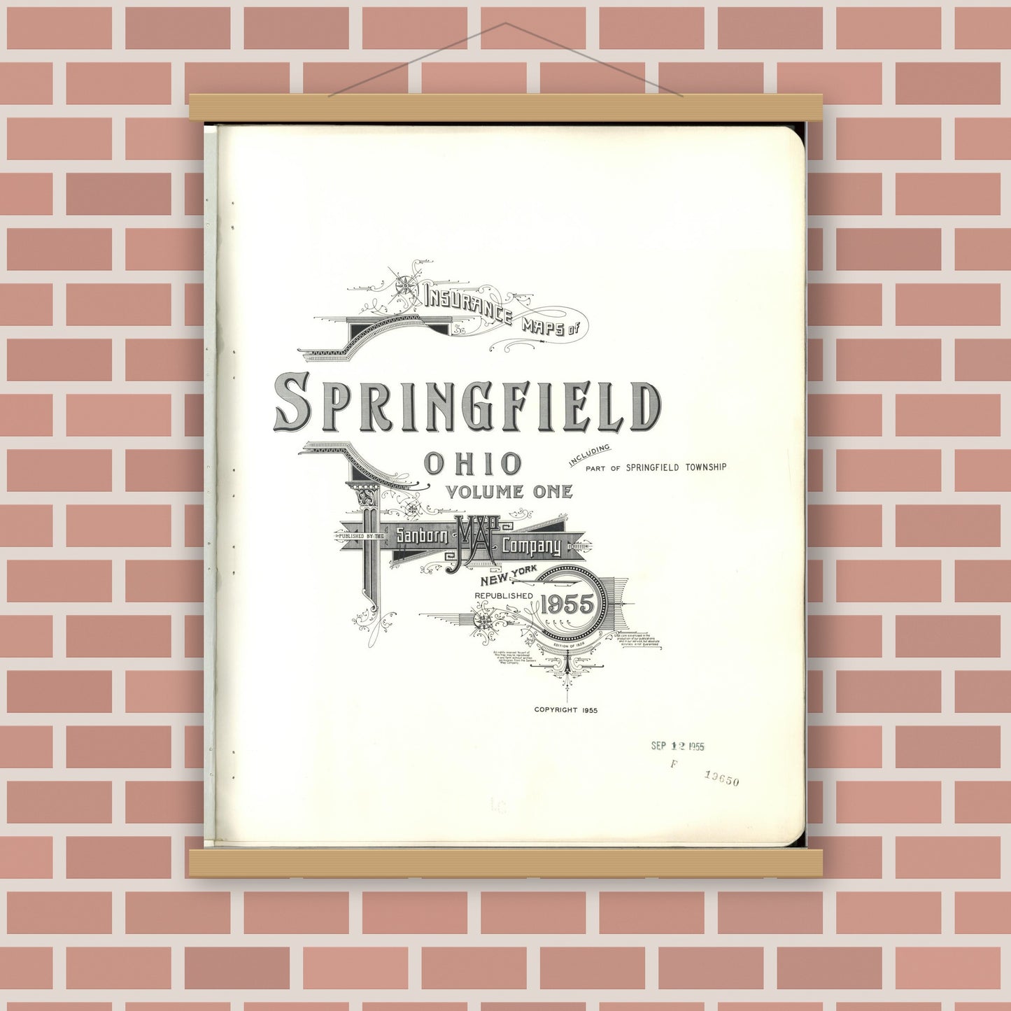 Old map wall art mockup — magnetic wood frame on brick wall — Sanborn Fire Insurance Map from Springfield, Clark County, Ohio (1955), Sheet #0001