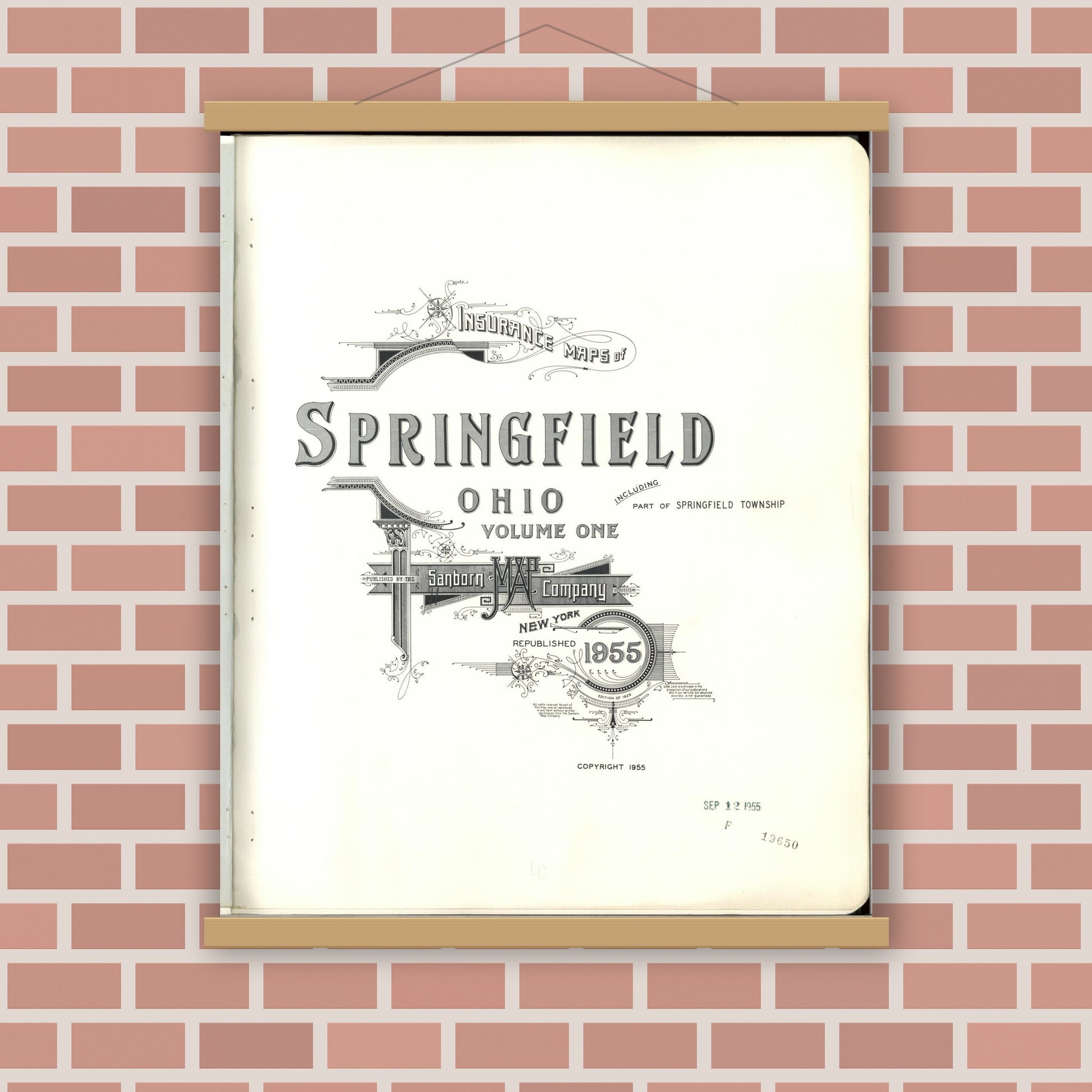 Old map wall art mockup — magnetic wood frame on brick wall — Sanborn Fire Insurance Map from Springfield, Clark County, Ohio (1955), Sheet #0001