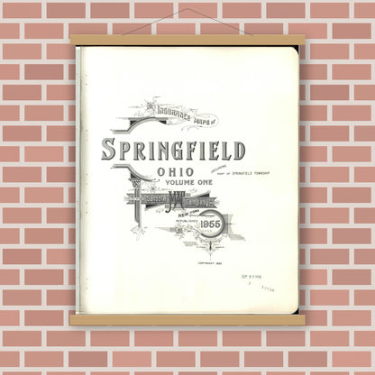 Old map wall art mockup — magnetic wood frame on brick wall — Sanborn Fire Insurance Map from Springfield, Clark County, Ohio (1955), Sheet #0001