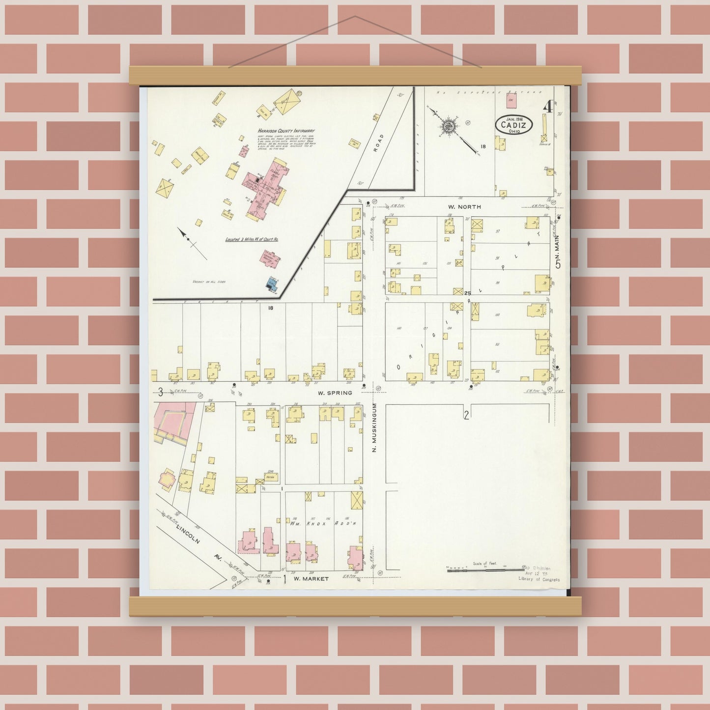 Old map wall art mockup — magnetic wood frame on brick wall — Sanborn Fire Insurance Map from Cadiz, Harrison County, Ohio (1916), Sheet #0004