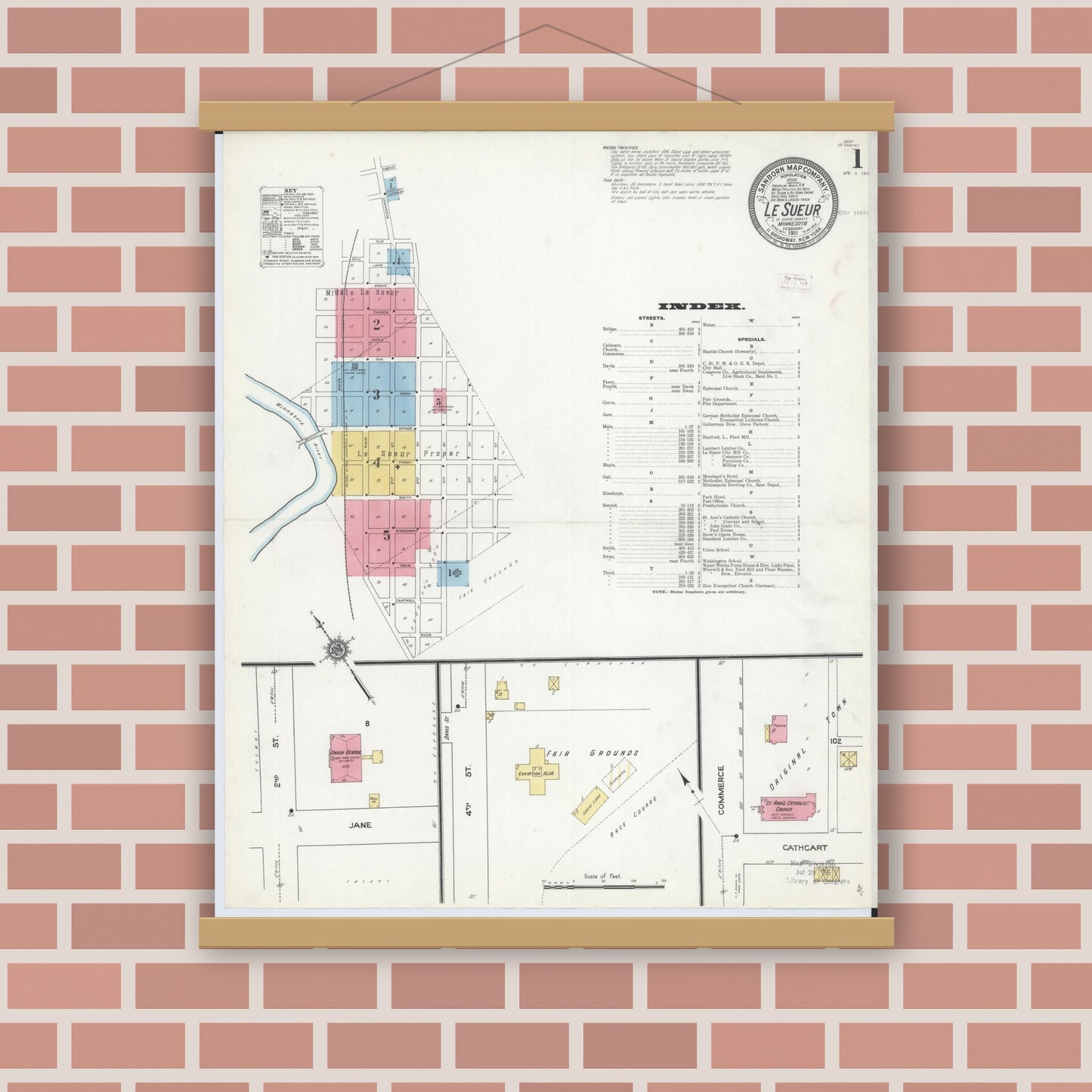 Old map wall art mockup — magnetic wood frame on brick wall — Sanborn Fire Insurance Map from Le Sueur, Le Sueur County, Minnesota (1911) - Complete Map Set