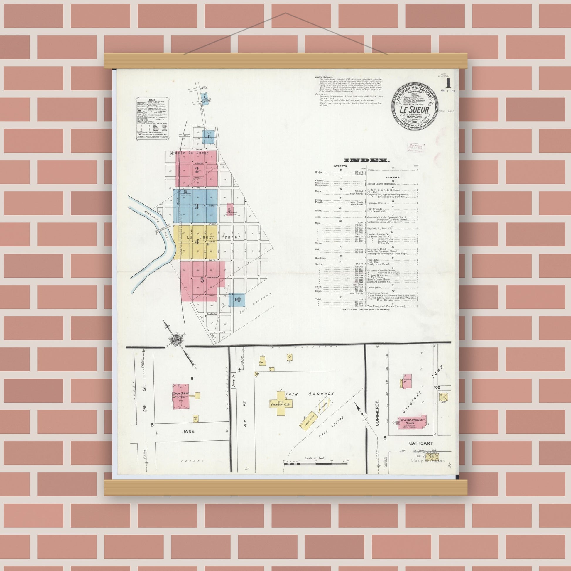 Old map wall art mockup — magnetic wood frame on brick wall — Sanborn Fire Insurance Map from Le Sueur, Le Sueur County, Minnesota (1911) - Complete Map Set