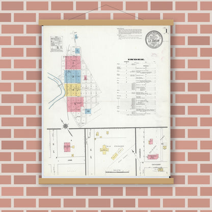 Old map wall art mockup — magnetic wood frame on brick wall — Sanborn Fire Insurance Map from Le Sueur, Le Sueur County, Minnesota (1911) - Complete Map Set