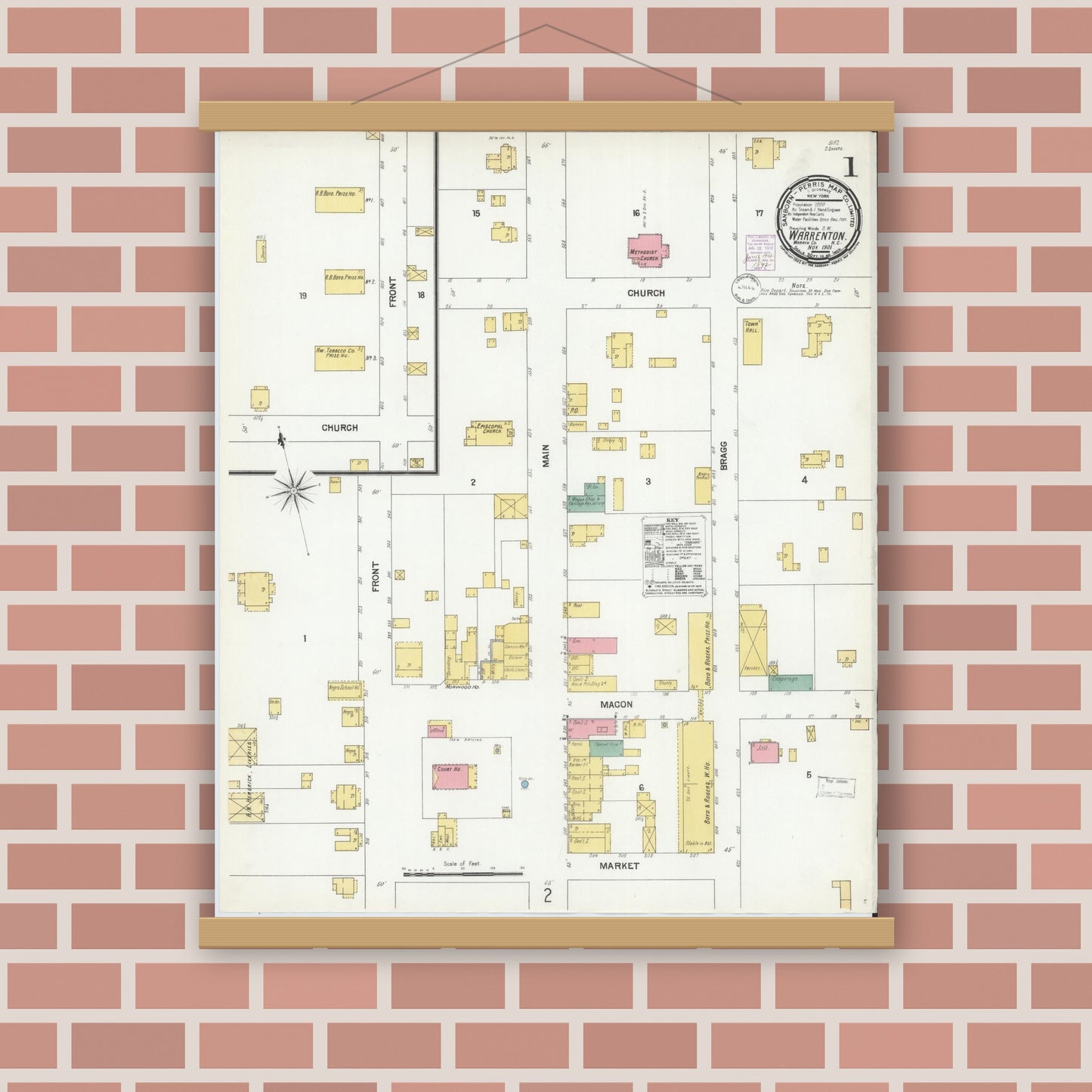 Old map wall art mockup — magnetic wood frame on brick wall — Sanborn Fire Insurance Map from Warrenton, Warren County, North Carolina (1901) - Complete Map Set