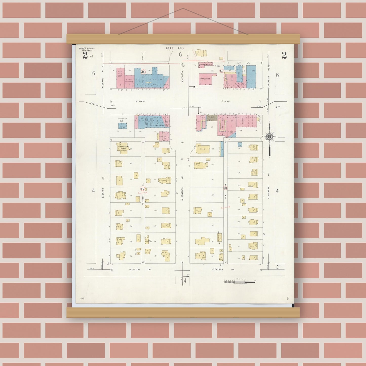 Old map wall art mockup — magnetic wood frame on brick wall — Sanborn Fire Insurance Map from Osborn, Greene County, Ohio (1943), Sheet #0002