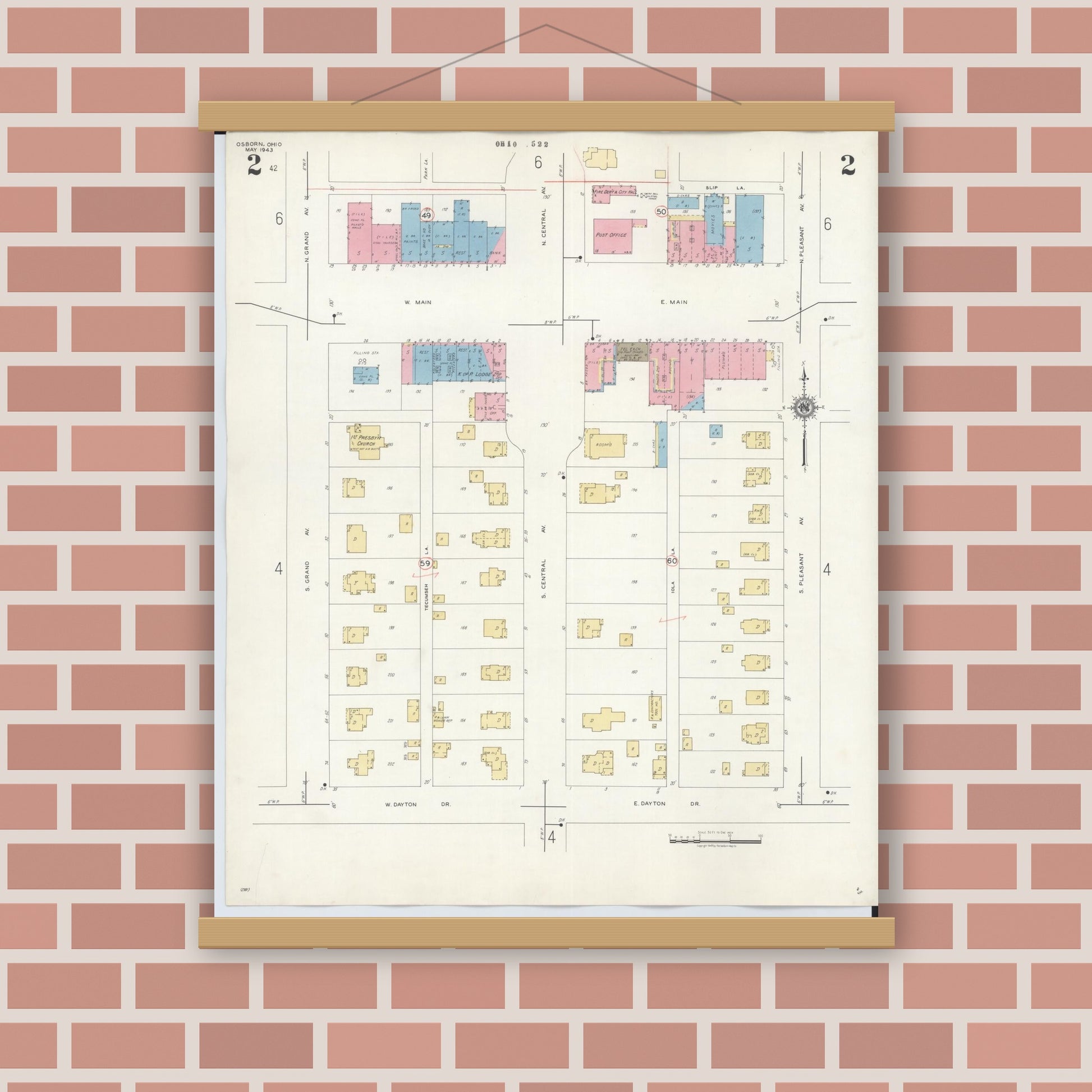 Old map wall art mockup — magnetic wood frame on brick wall — Sanborn Fire Insurance Map from Osborn, Greene County, Ohio (1943), Sheet #0002