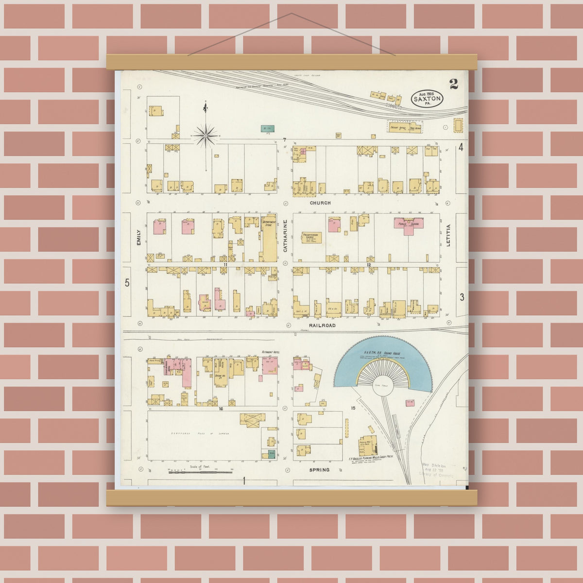 Old map wall art mockup — magnetic wood frame on brick wall — Sanborn Fire Insurance Map from Saxton, Bedford County, Pennsylvania (1905), Sheet #0002
