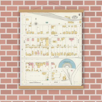 Old map wall art mockup — magnetic wood frame on brick wall — Sanborn Fire Insurance Map from Saxton, Bedford County, Pennsylvania (1905), Sheet #0002