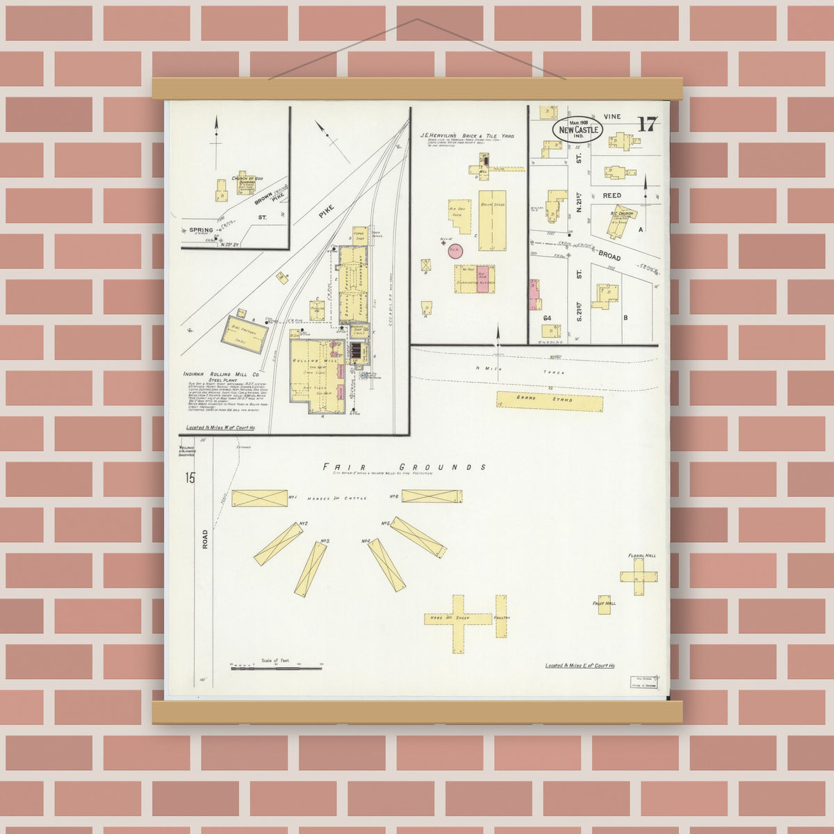 Old map wall art mockup — magnetic wood frame on brick wall — Sanborn Fire Insurance Map from New Castle, Henry County, Indiana (1908), Sheet #0017