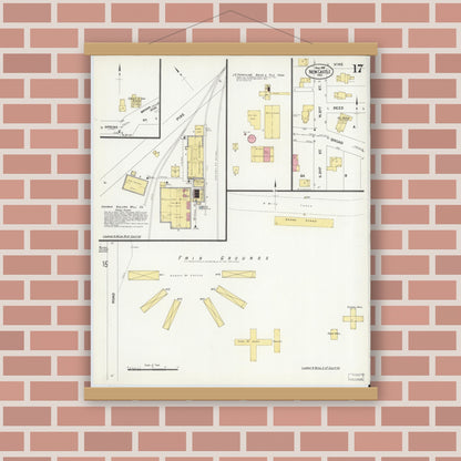Old map wall art mockup — magnetic wood frame on brick wall — Sanborn Fire Insurance Map from New Castle, Henry County, Indiana (1908), Sheet #0017
