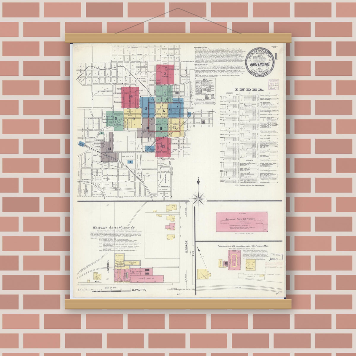 Old map wall art mockup — magnetic wood frame on brick wall — Sanborn Fire Insurance Map from Independence, Jackson County, Missouri (1907) - Complete Map Set