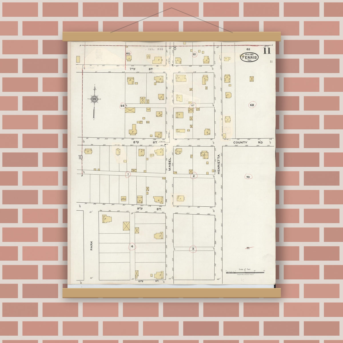 Old map wall art mockup — magnetic wood frame on brick wall — Sanborn Fire Insurance Map from Ferris, Ellis County, Texas (1941), Sheet #0011