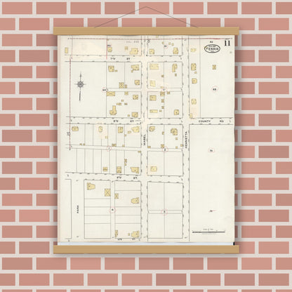 Old map wall art mockup — magnetic wood frame on brick wall — Sanborn Fire Insurance Map from Ferris, Ellis County, Texas (1941), Sheet #0011