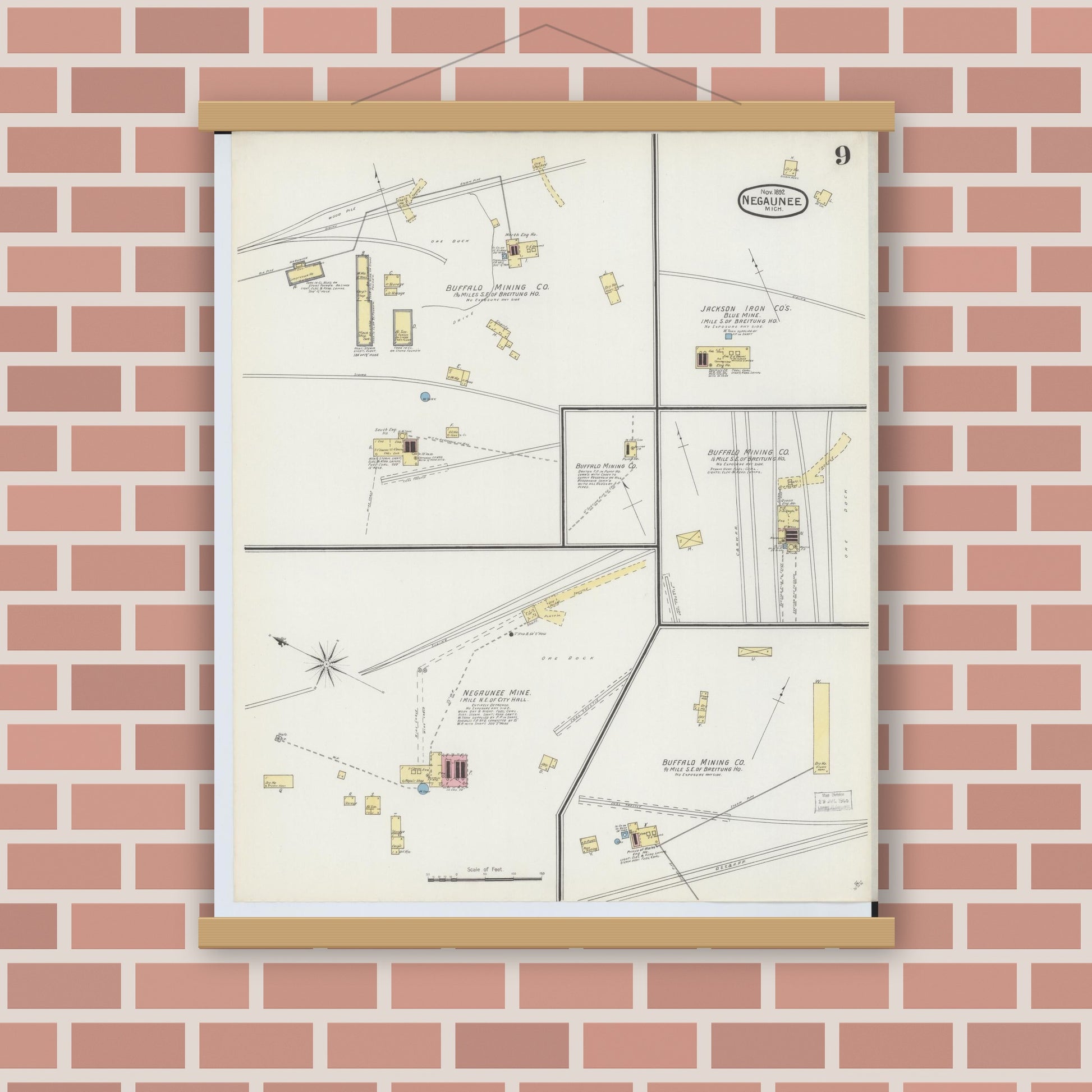 Old map wall art mockup — magnetic wood frame on brick wall — Sanborn Fire Insurance Map from Negaunee, Marquette County, Michigan (1892), Sheet #0009