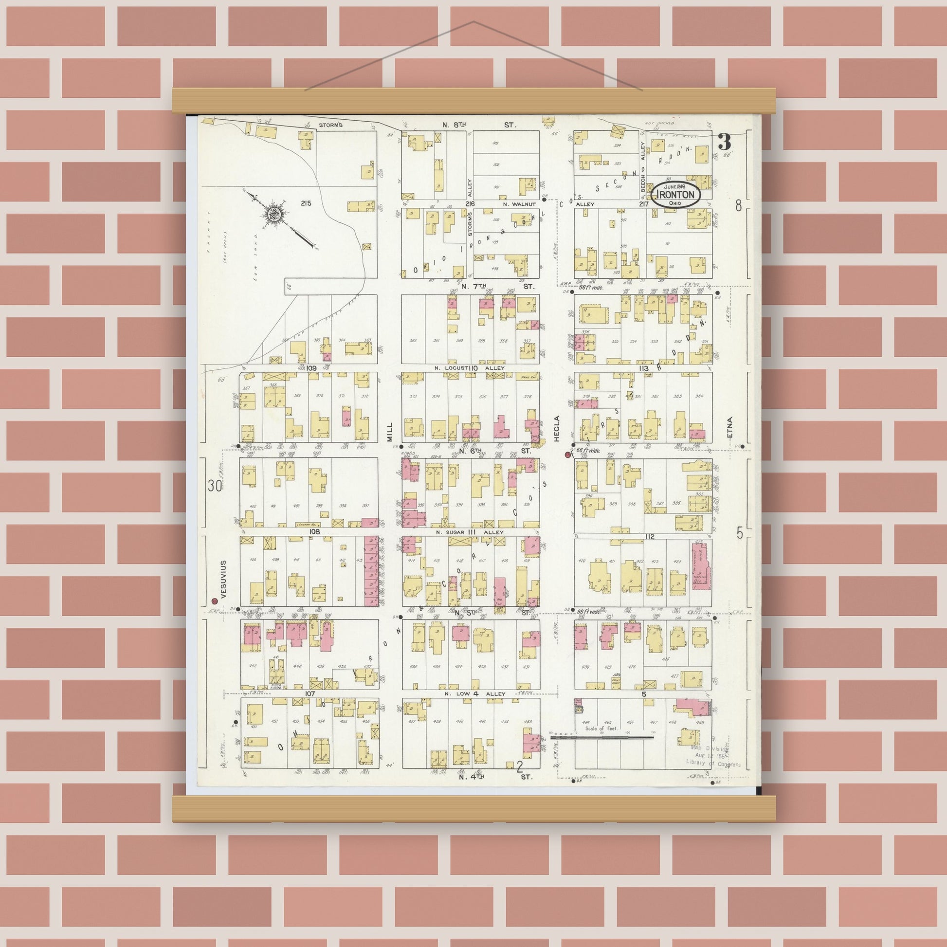 Old map wall art mockup — magnetic wood frame on brick wall — Sanborn Fire Insurance Map from Ironton, Lawrence County, Ohio (1916), Sheet #0003