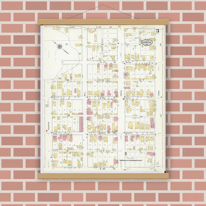 Old map wall art mockup — magnetic wood frame on brick wall — Sanborn Fire Insurance Map from Ironton, Lawrence County, Ohio (1916), Sheet #0003