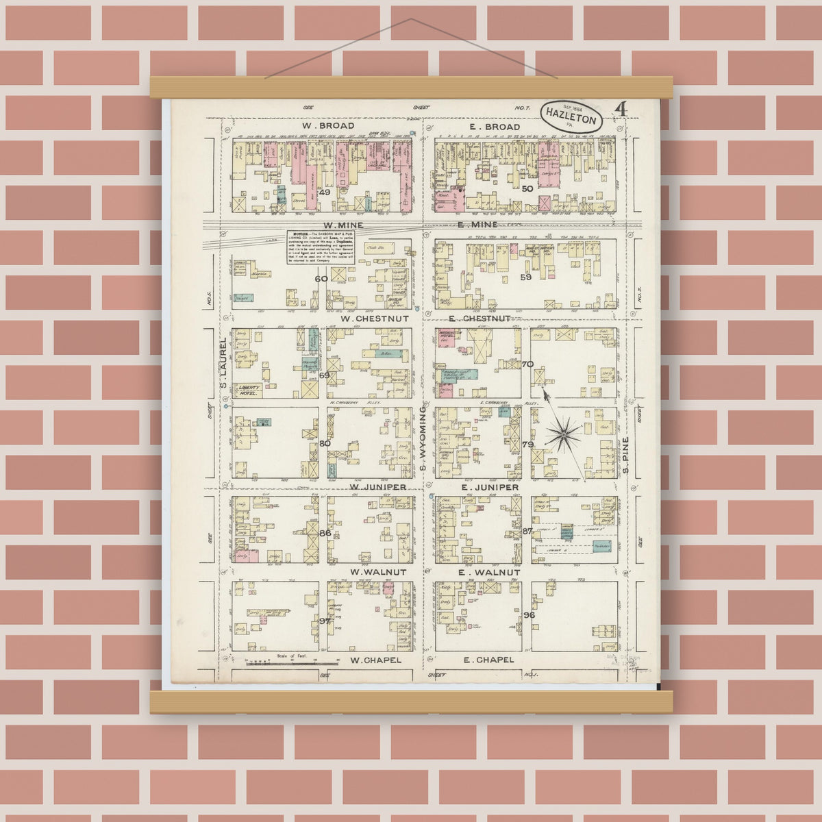 Old map wall art mockup — magnetic wood frame on brick wall — Sanborn Fire Insurance Map from Hazleton, Luzerne County, Pennsylvania (1884), Sheet #0004