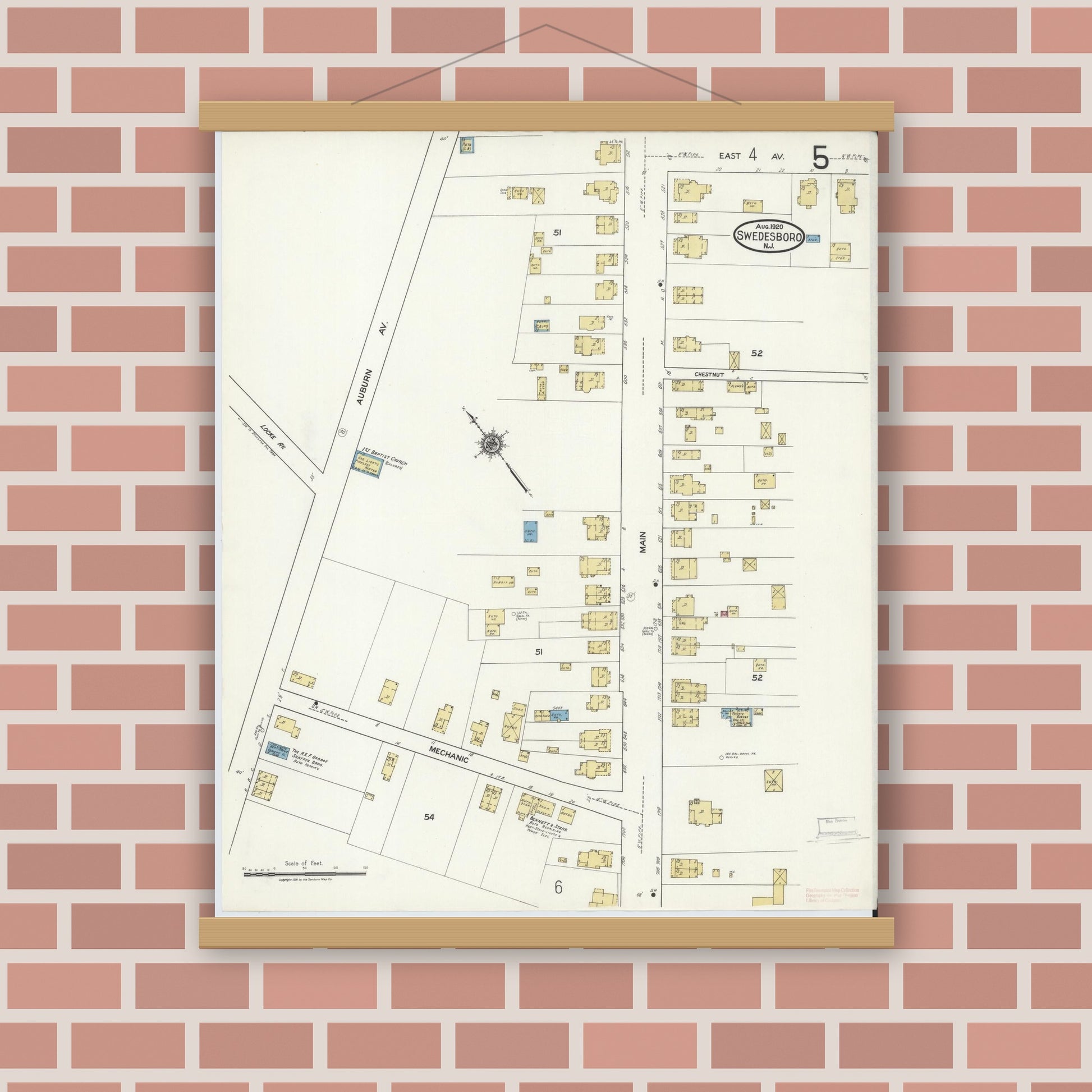 Old map wall art mockup — magnetic wood frame on brick wall — Sanborn Fire Insurance Map from Swedesboro, Gloucester County, New Jersey (1920), Sheet #0005