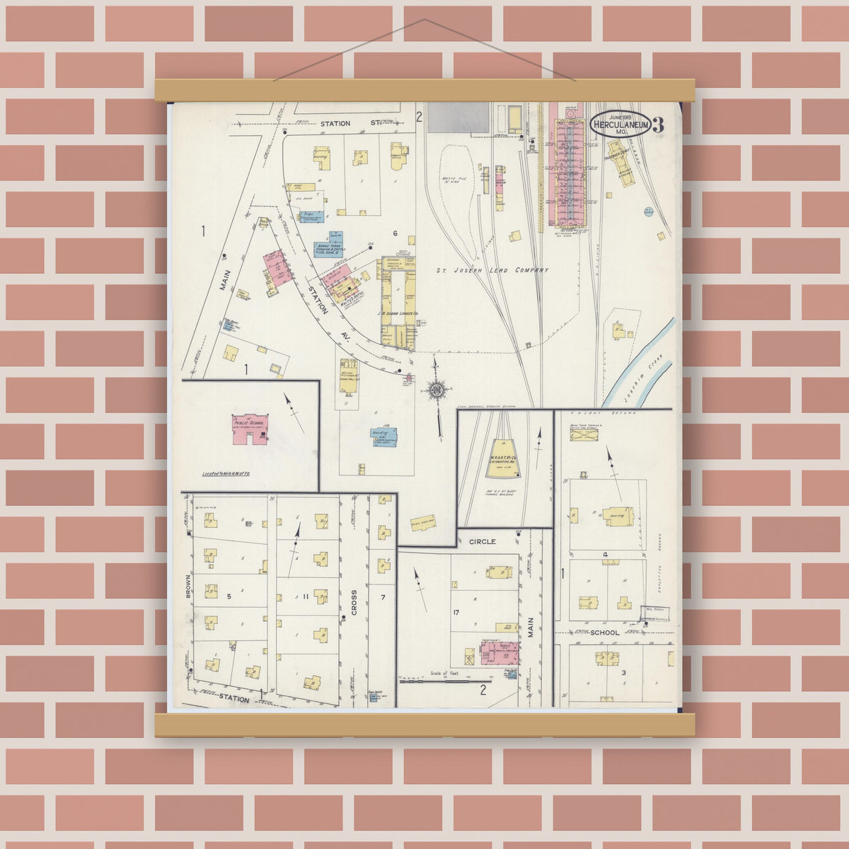 Old map wall art mockup — magnetic wood frame on brick wall — Sanborn Fire Insurance Map from Herculaneum, Jefferson County, Missouri (1915), Sheet #0003
