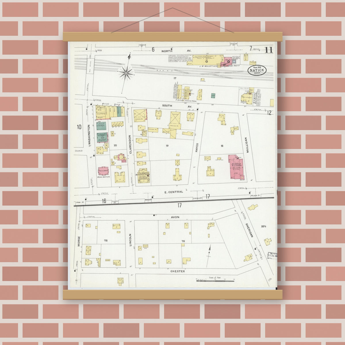 Old map wall art mockup — magnetic wood frame on brick wall — Sanborn Fire Insurance Map from Natick, Middlesex County, Massachusetts (1909), Sheet #0011
