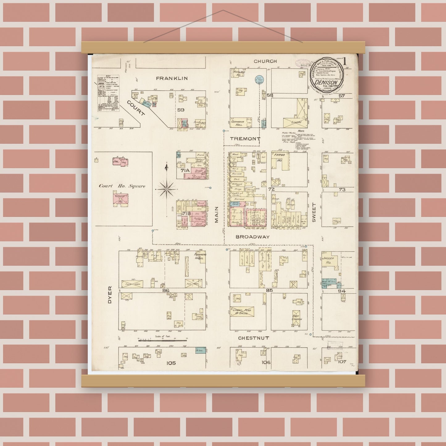 Old map wall art mockup — magnetic wood frame on brick wall — Sanborn Fire Insurance Map from Denison, Crawford County, Iowa (1886), Sheet #0001
