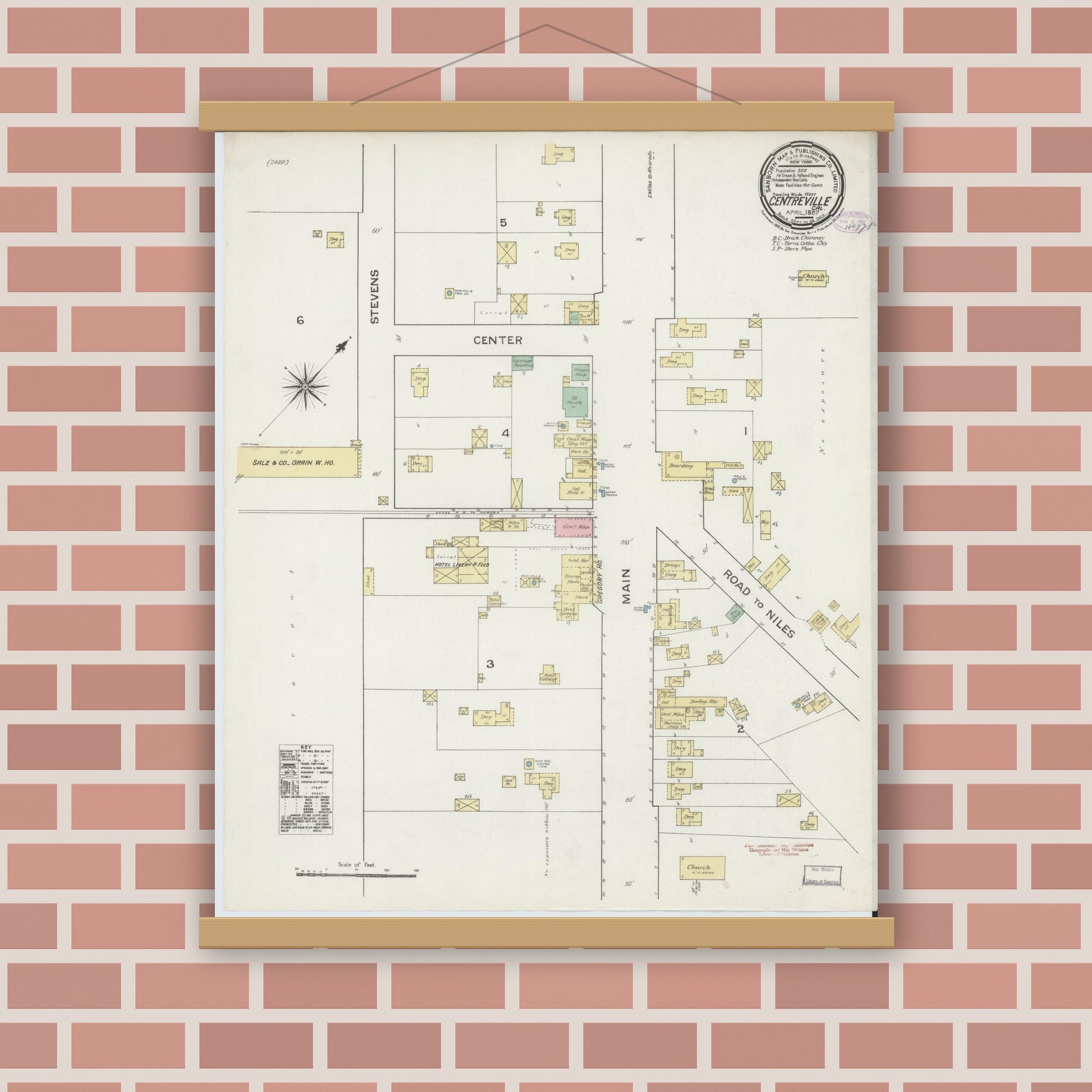 Old map wall art mockup — magnetic wood frame on brick wall — Sanborn Fire Insurance Map from Centerville, Alameda County, California (1887), Sheet #0001