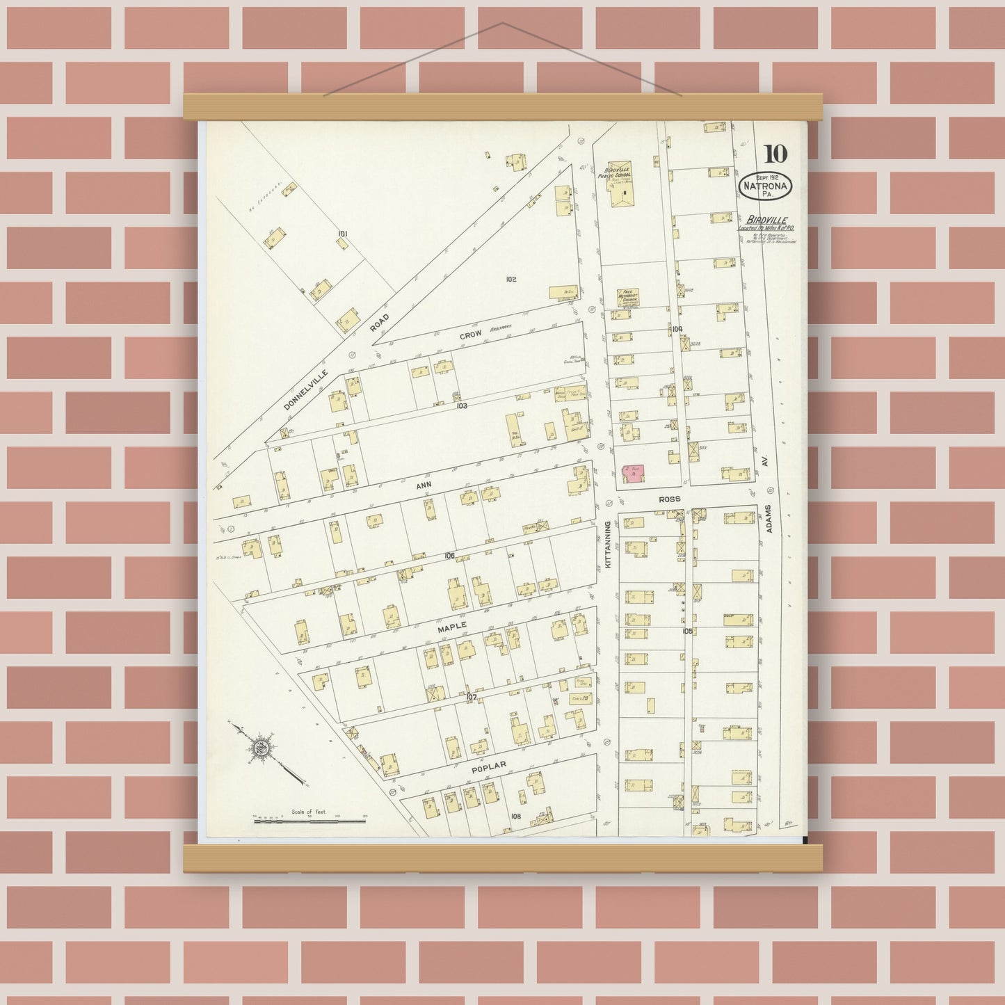 Old map wall art mockup — magnetic wood frame on brick wall — Sanborn Fire Insurance Map from Natrona, Allegheny County, Pennsylvania (1912), Sheet #0010