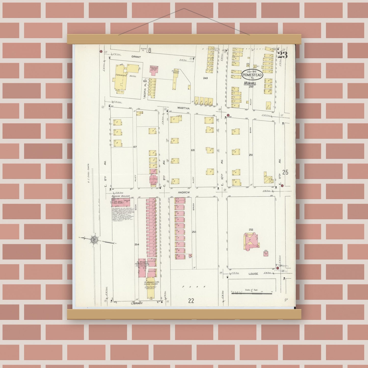 Old map wall art mockup — magnetic wood frame on brick wall — Sanborn Fire Insurance Map from Homestead, Allegheny County, Pennsylvania (1913), Sheet #0023