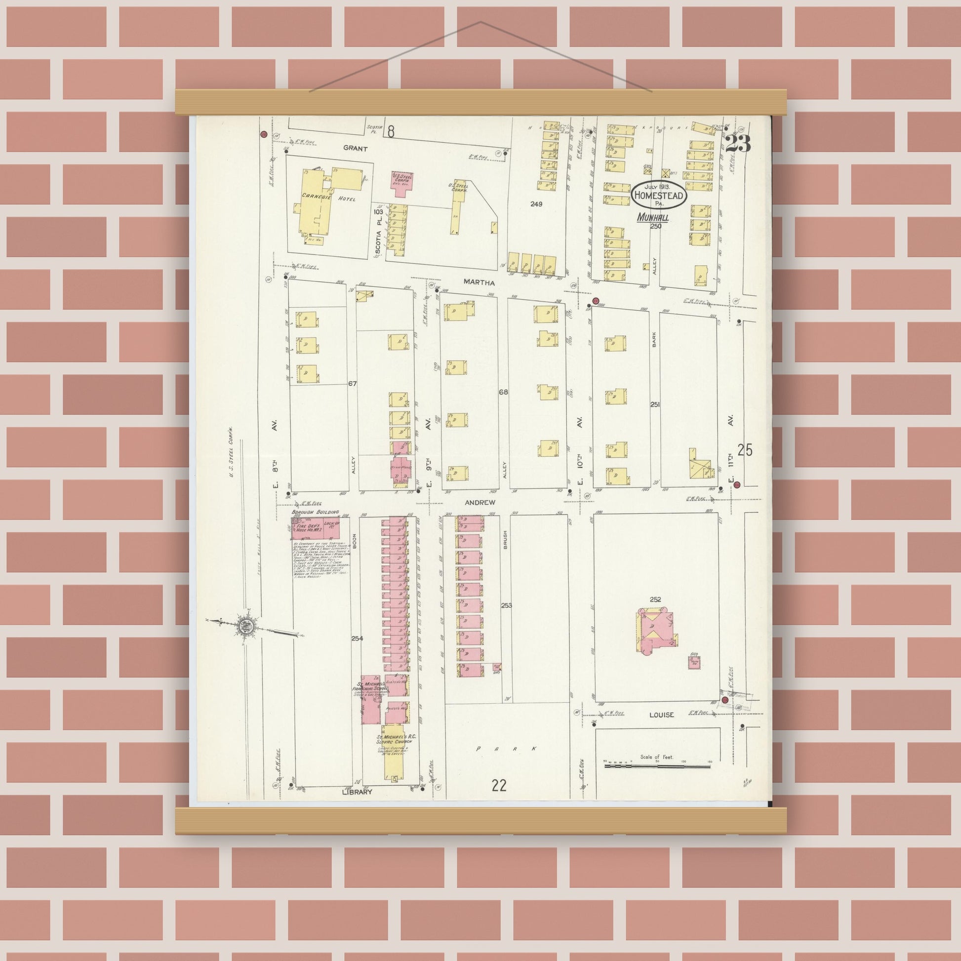 Old map wall art mockup — magnetic wood frame on brick wall — Sanborn Fire Insurance Map from Homestead, Allegheny County, Pennsylvania (1913), Sheet #0023