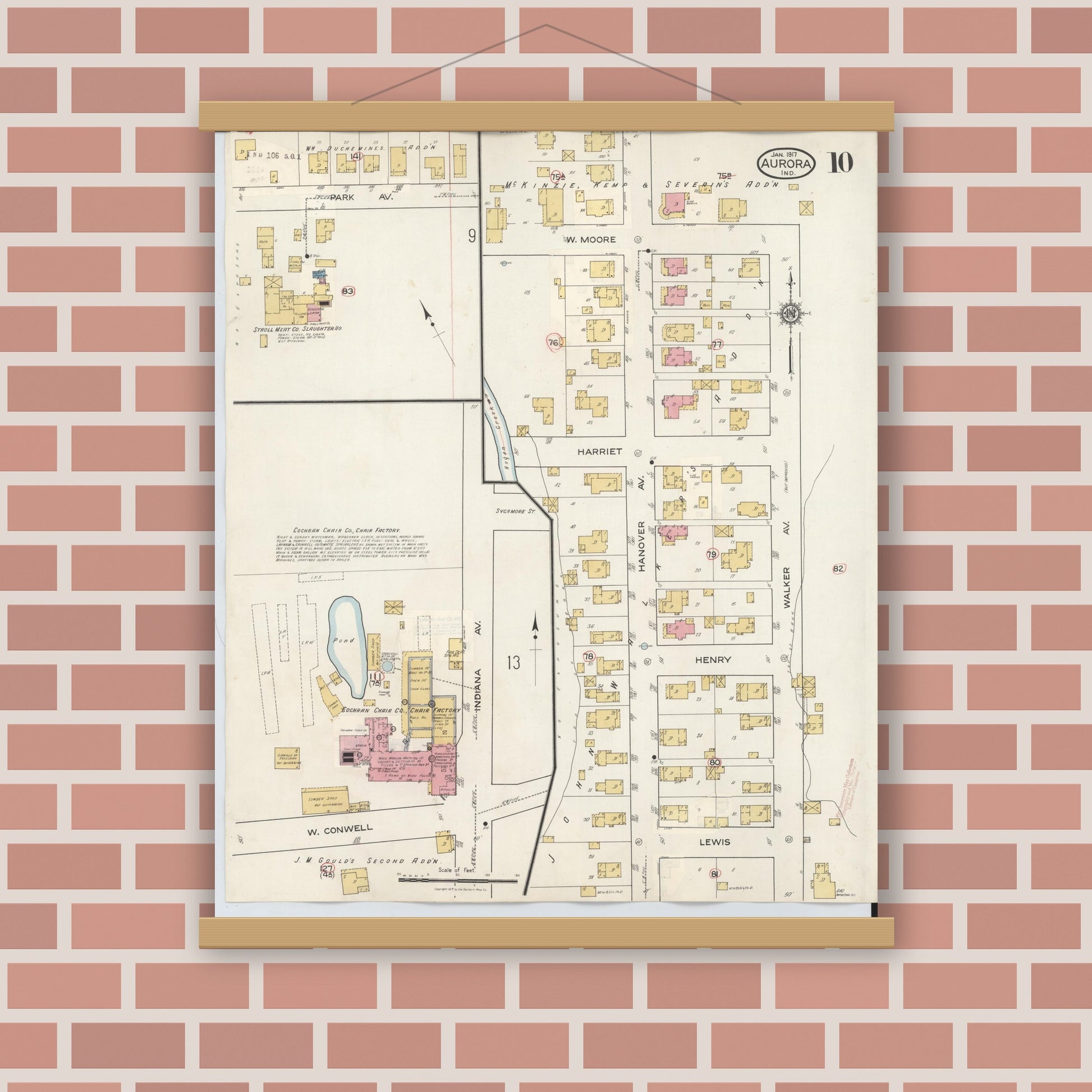 Old map wall art mockup — magnetic wood frame on brick wall — Sanborn Fire Insurance Map from Aurora, Dearborn County, Indiana (1935), Sheet #0010