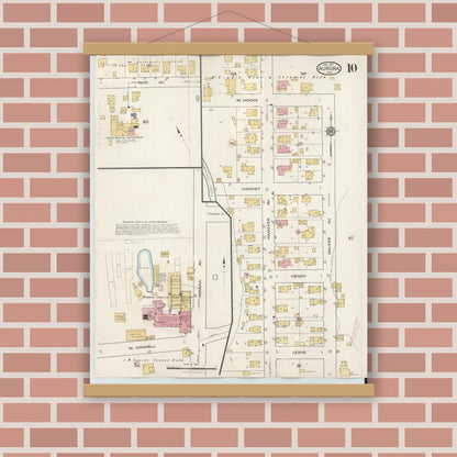Old map wall art mockup — magnetic wood frame on brick wall — Sanborn Fire Insurance Map from Aurora, Dearborn County, Indiana (1935), Sheet #0010