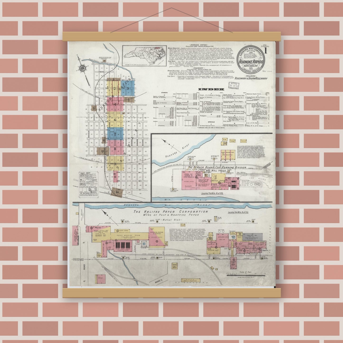 Old map wall art mockup — magnetic wood frame on brick wall — Sanborn Fire Insurance Map from Roanoke Rapids, Halifax County, North Carolina (1919) - Complete Map Set