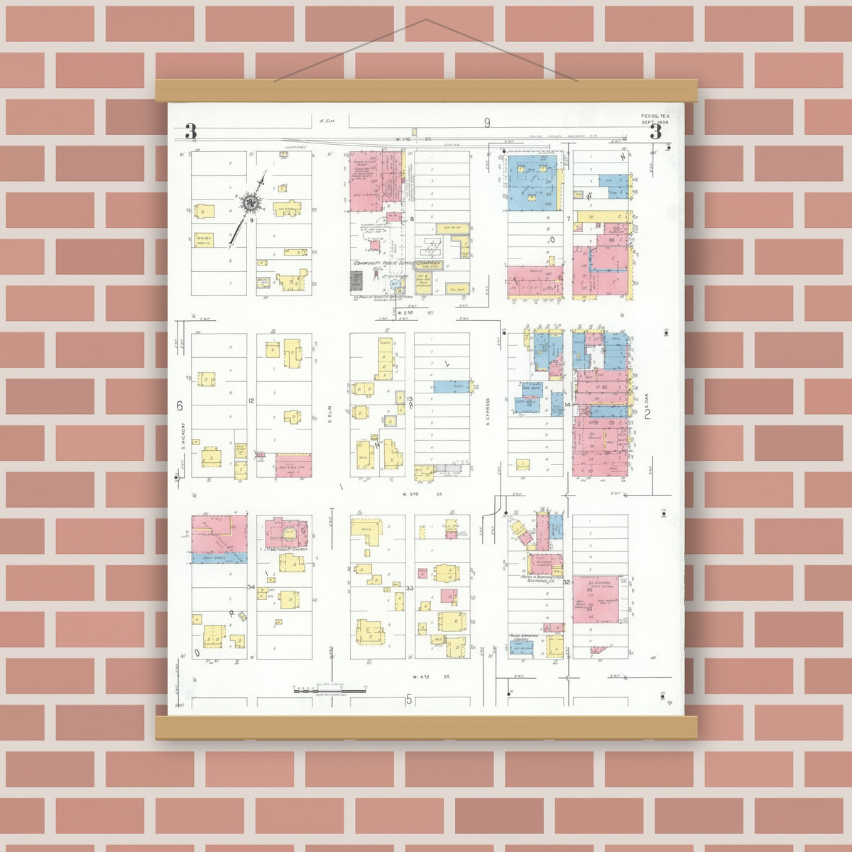 Old map wall art mockup — magnetic wood frame on brick wall — Sanborn Fire Insurance Map from Pecos, Reeves County, Texas (1939), Sheet #0003