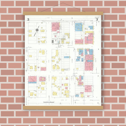 Old map wall art mockup — magnetic wood frame on brick wall — Sanborn Fire Insurance Map from Pecos, Reeves County, Texas (1939), Sheet #0003