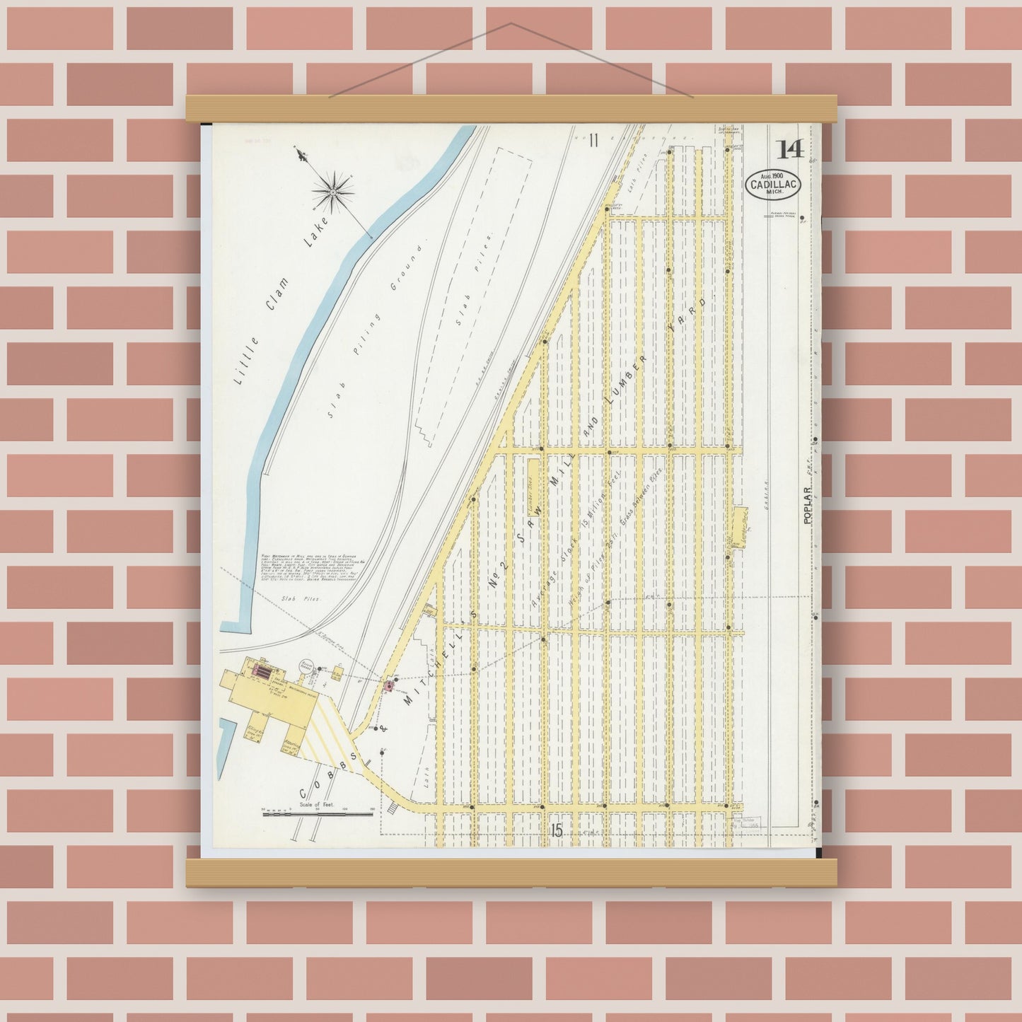 Old map wall art mockup — magnetic wood frame on brick wall — Sanborn Fire Insurance Map from Cadillac, Wexford County, Michigan (1900), Sheet #0014