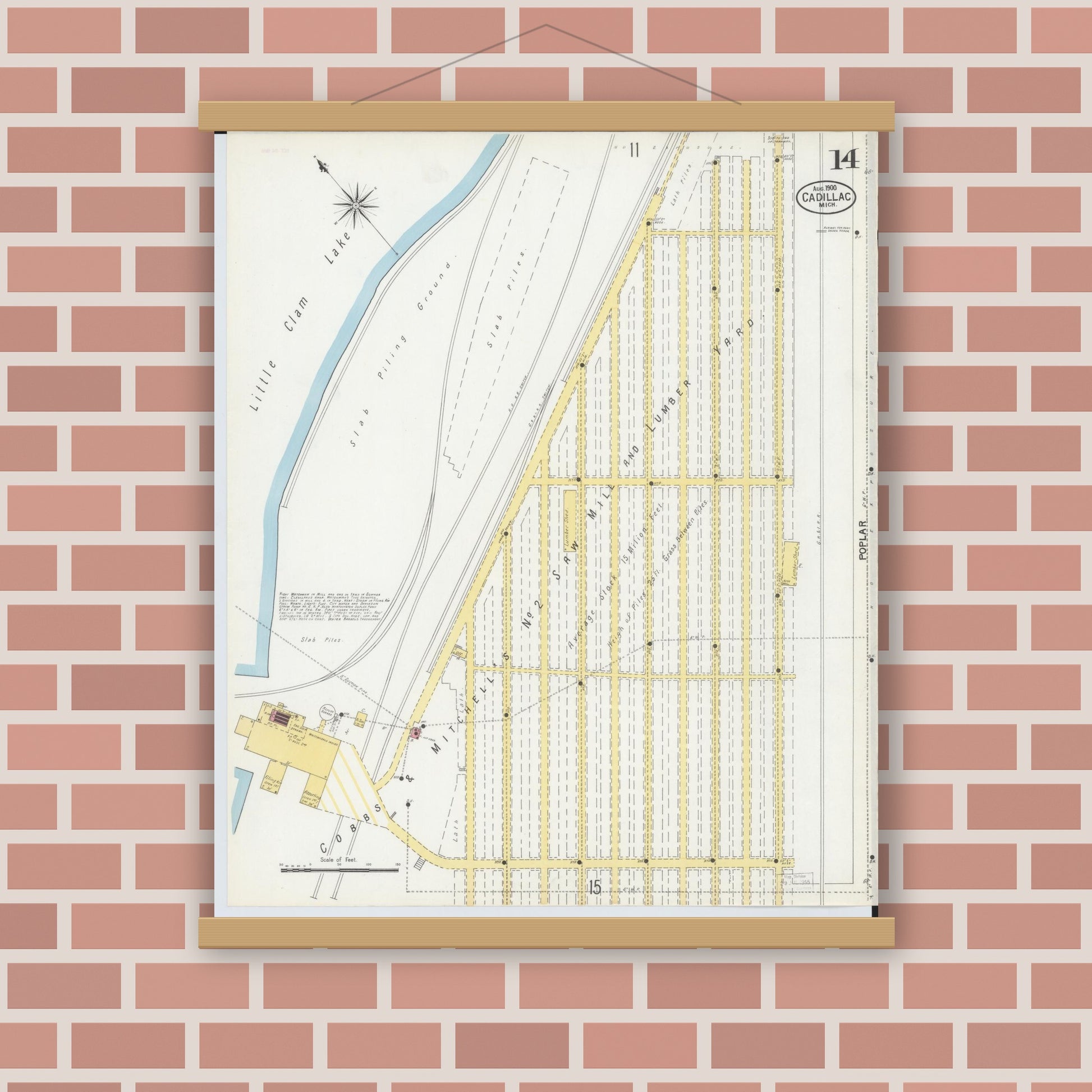 Old map wall art mockup — magnetic wood frame on brick wall — Sanborn Fire Insurance Map from Cadillac, Wexford County, Michigan (1900), Sheet #0014