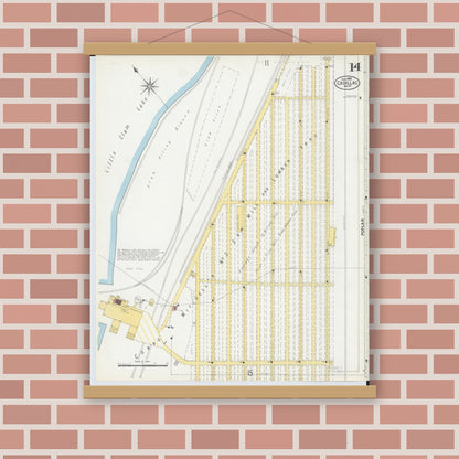 Old map wall art mockup — magnetic wood frame on brick wall — Sanborn Fire Insurance Map from Cadillac, Wexford County, Michigan (1900), Sheet #0014