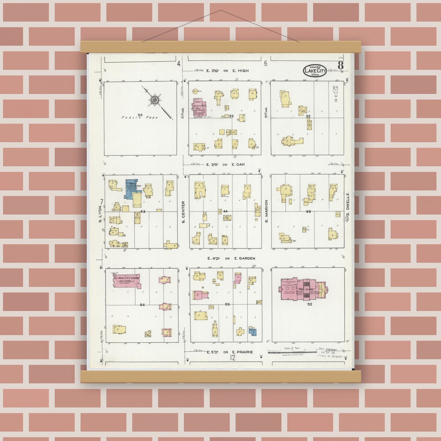 Old map wall art mockup — magnetic wood frame on brick wall — Sanborn Fire Insurance Map from Lake City, Wabasha County, Minnesota (1921), Sheet #0008