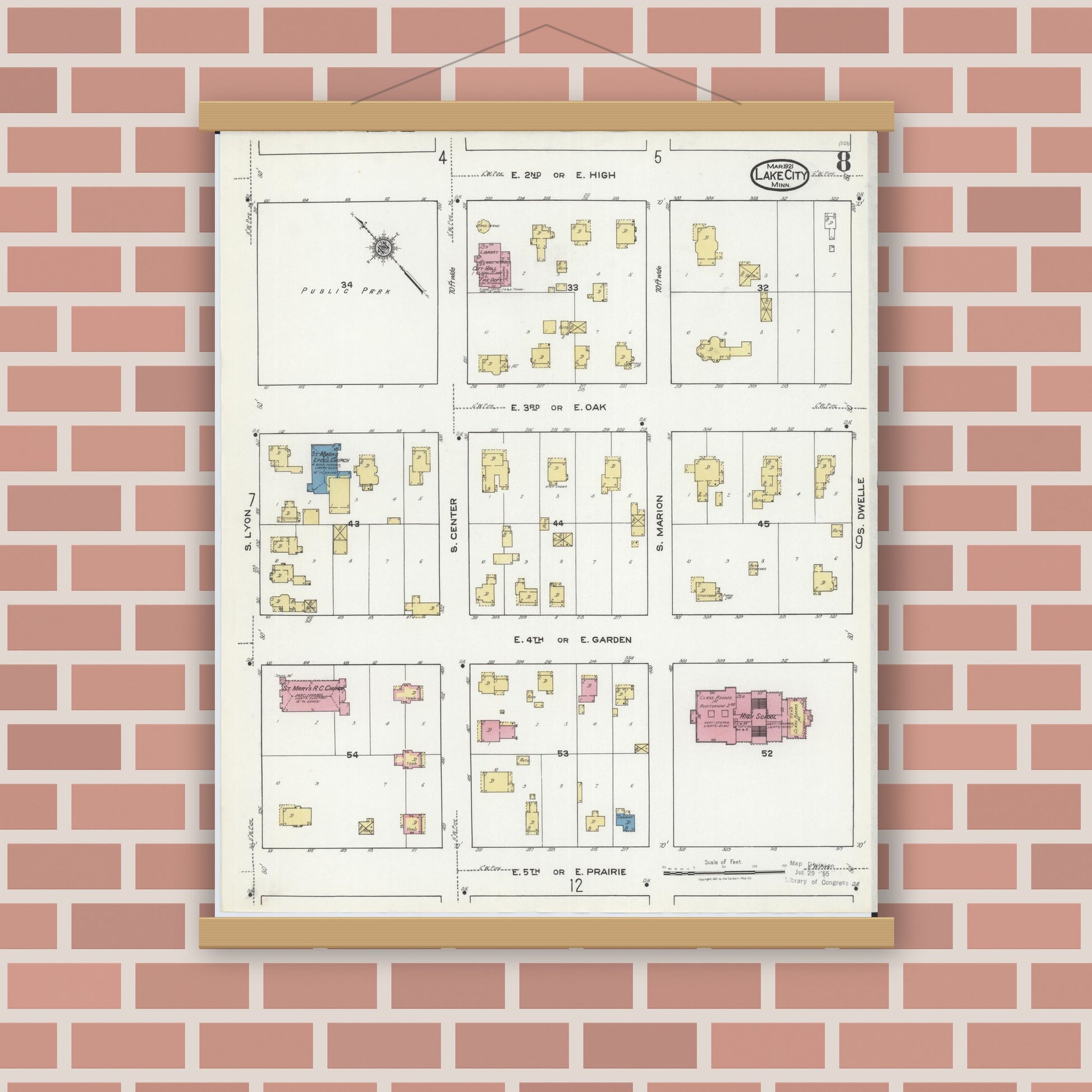 Old map wall art mockup — magnetic wood frame on brick wall — Sanborn Fire Insurance Map from Lake City, Wabasha County, Minnesota (1921), Sheet #0008