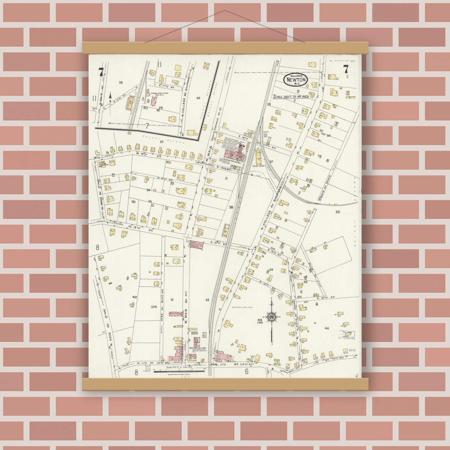 Old map wall art mockup — magnetic wood frame on brick wall — Sanborn Fire Insurance Map from Newton, Catawba County, North Carolina (1924), Sheet #0007
