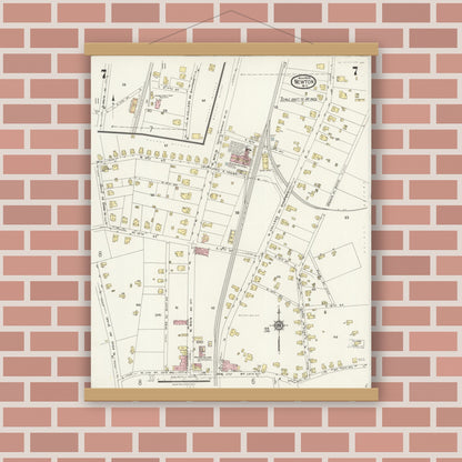 Old map wall art mockup — magnetic wood frame on brick wall — Sanborn Fire Insurance Map from Newton, Catawba County, North Carolina (1924), Sheet #0007