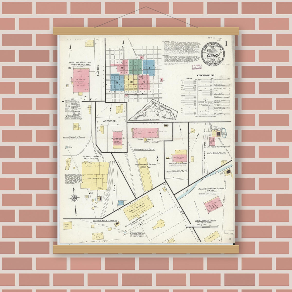 Old map wall art mockup — magnetic wood frame on brick wall — Sanborn Fire Insurance Map from Quincy, Gadsden County, Florida (1913) - Complete Map Set